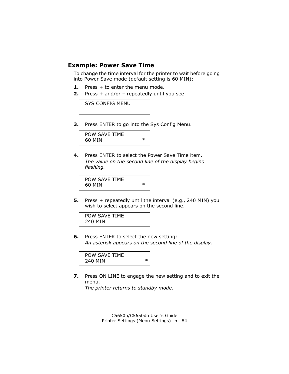 Example: power save time | Oki C 5650n User Manual | Page 84 / 225