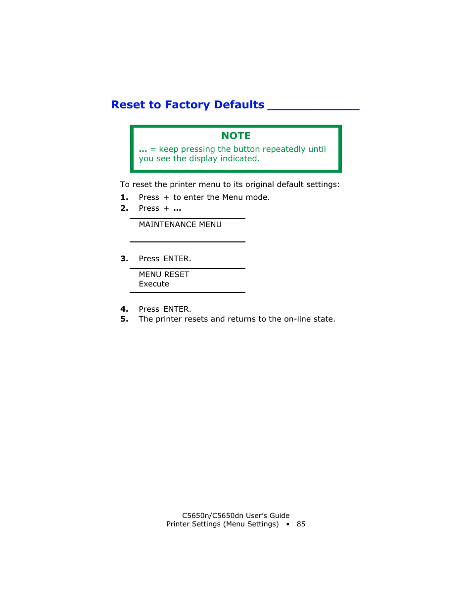 Reset to factory defaults | Oki C 5650n User Manual | Page 85 / 225