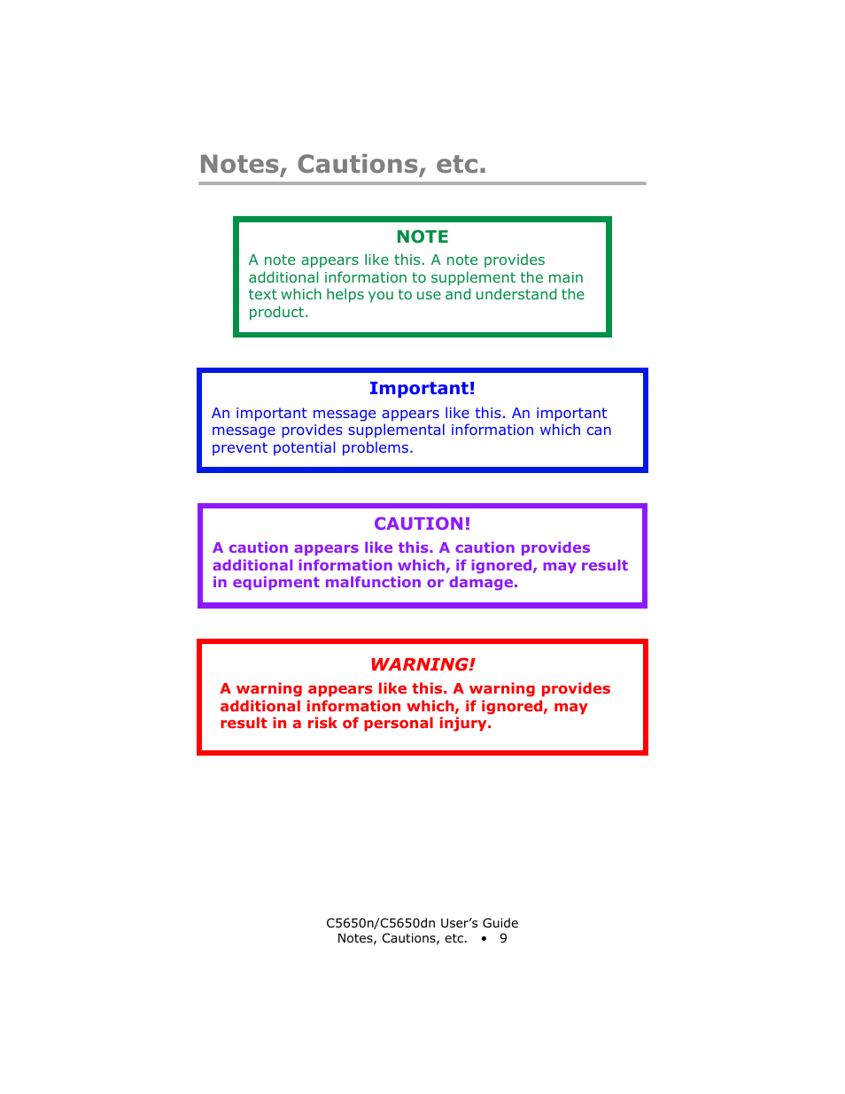 Notes, cautions, etc | Oki C 5650n User Manual | Page 9 / 225