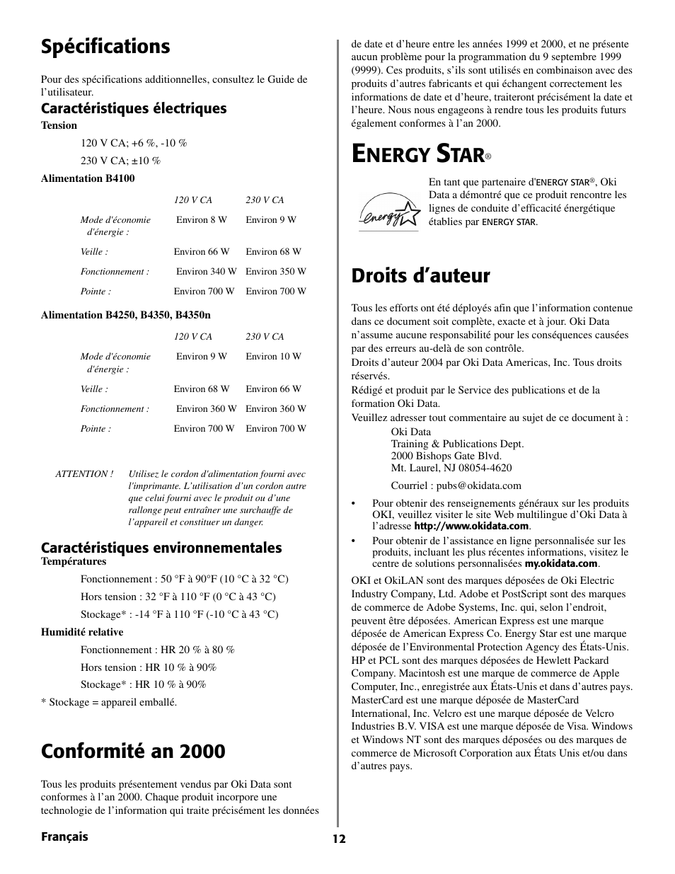 Spécifications, Conformité an 2000, Nergy | Droits d’auteur, Caractéristiques électriques, Caractéristiques environnementales | Oki B 4350 User Manual | Page 12 / 32