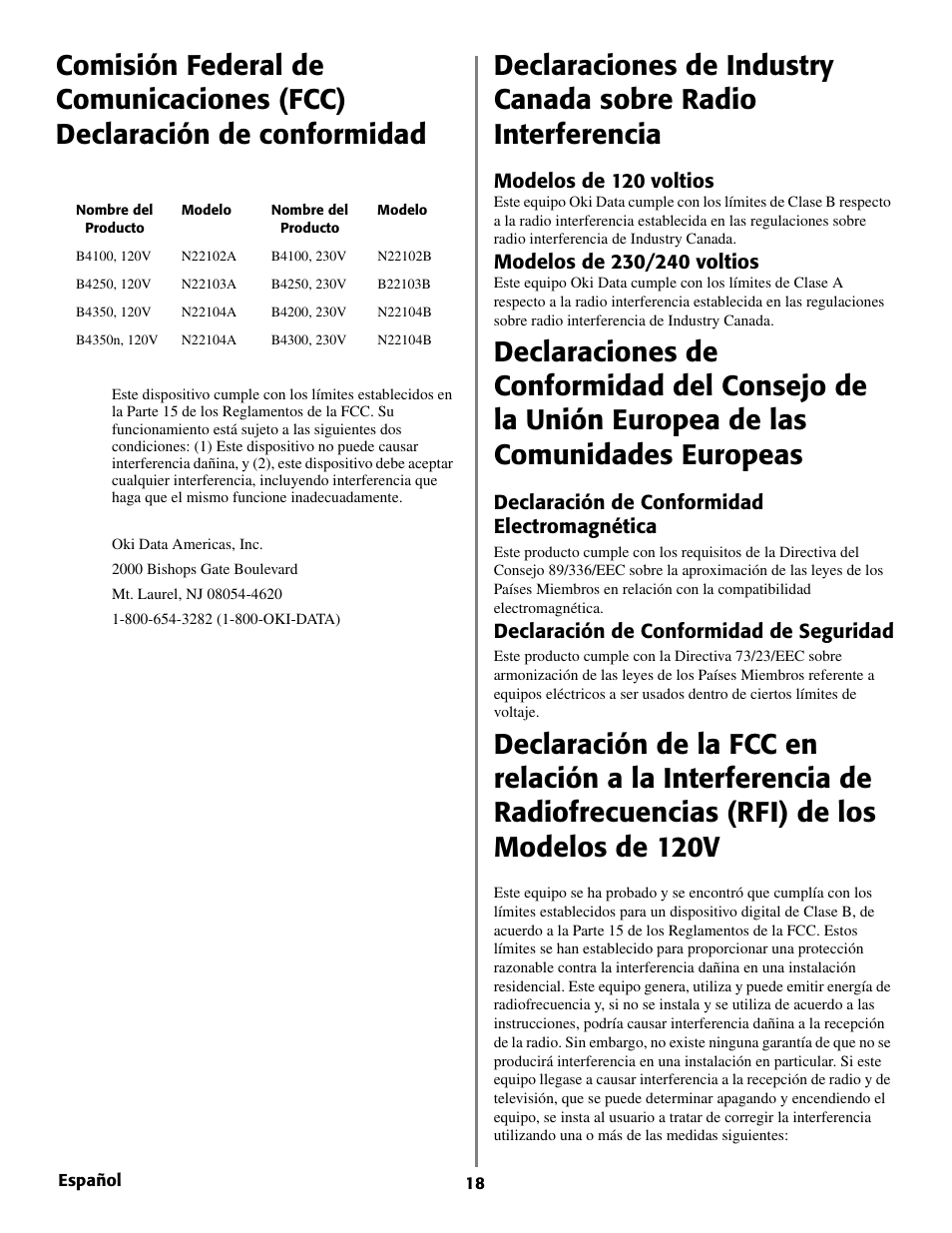 Modelos de 120 voltios, Declaración de conformidad electromagnética, Declaración de conformidad de seguridad | Oki B 4350 User Manual | Page 18 / 32