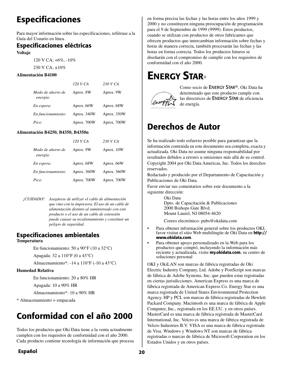 Especificaciones, Conformidad con el año 2000, Nergy | Derechos de autor, Especificaciones eléctricas, Especificaciones ambientales | Oki B 4350 User Manual | Page 20 / 32