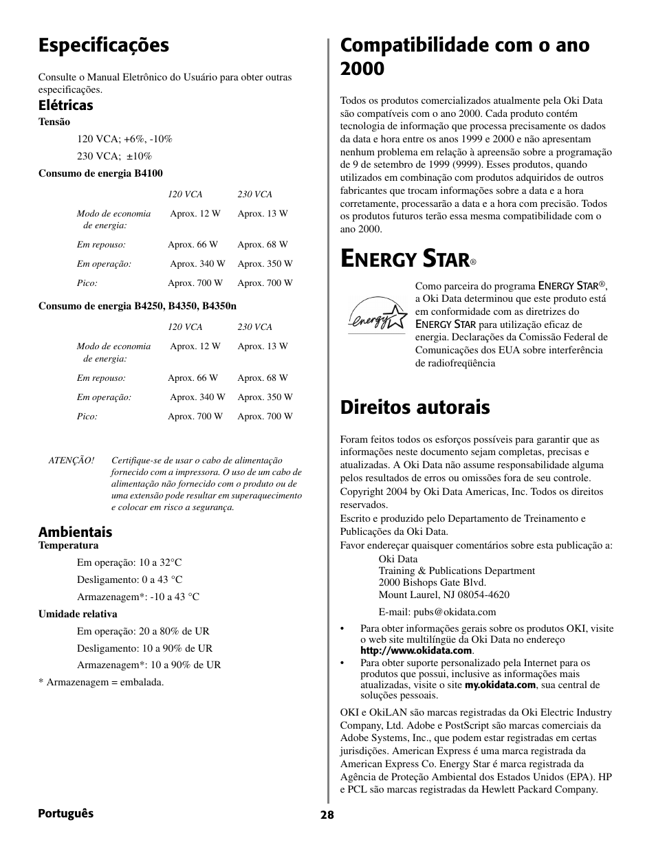 Especificações, Compatibilidade com o ano 2000, Nergy | Direitos autorais, Elétricas, Ambientais | Oki B 4350 User Manual | Page 28 / 32