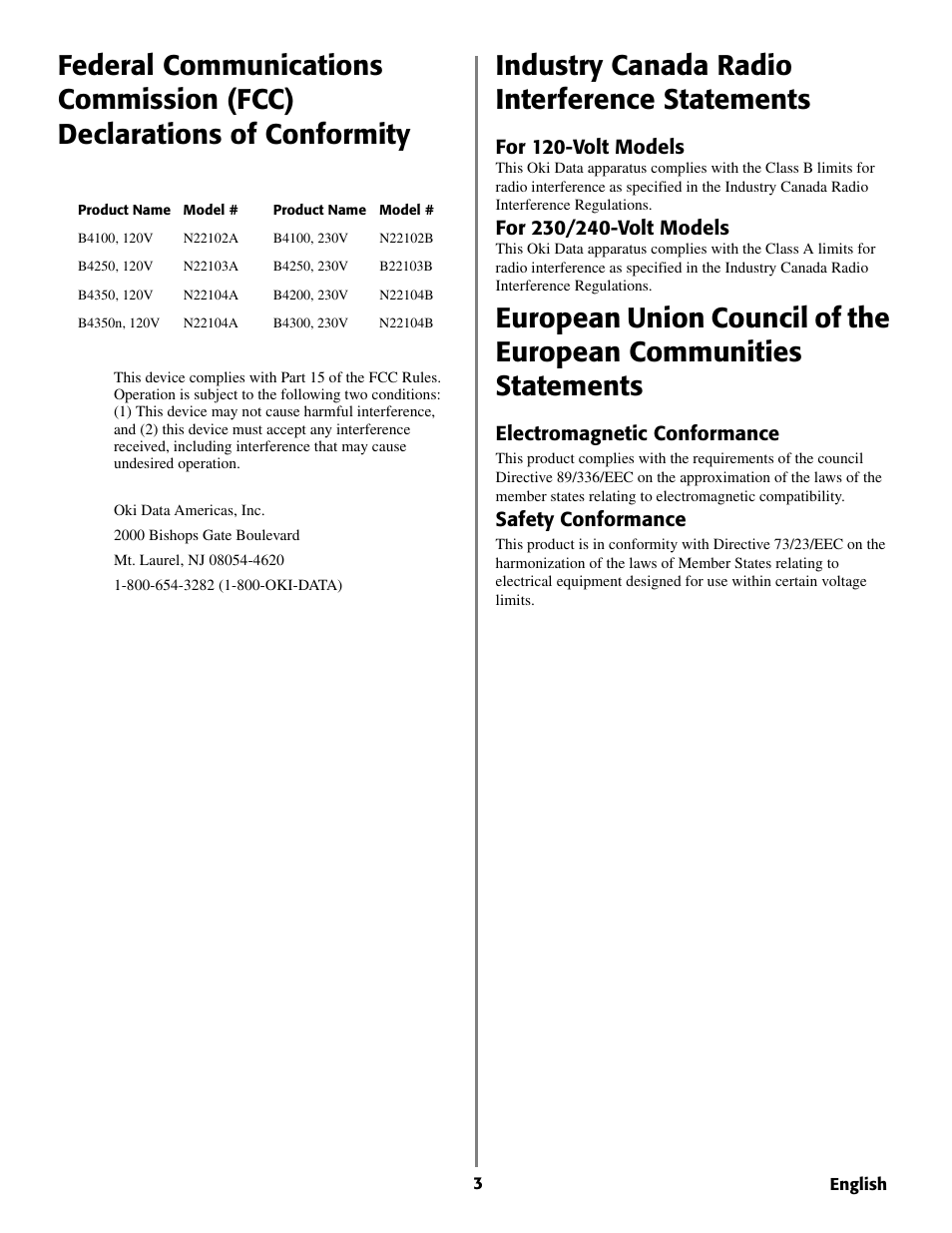 Industry canada radio interference statements, For 120-volt models, Electromagnetic conformance | Safety conformance | Oki B 4350 User Manual | Page 3 / 32