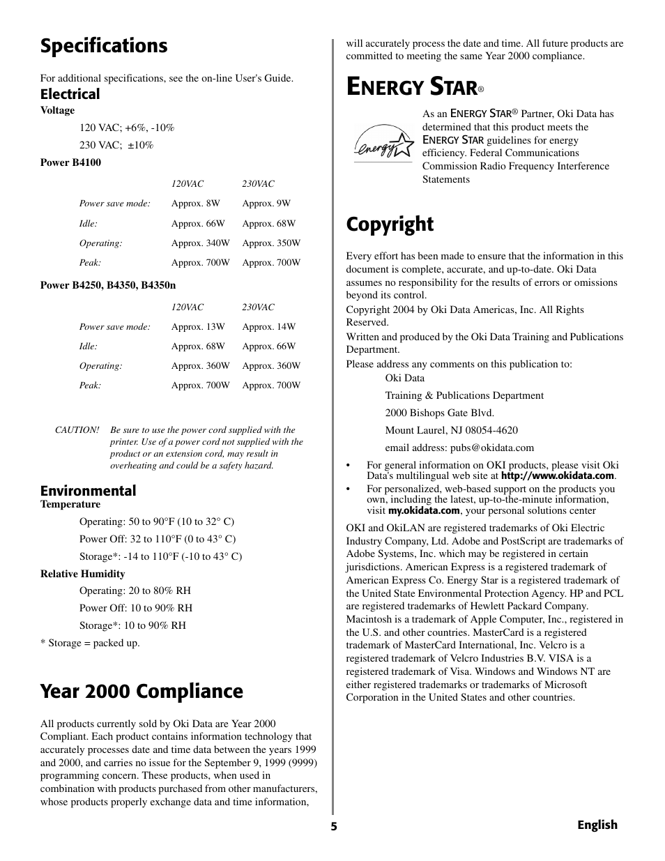 Specifications, Year 2000 compliance, Nergy | Copyright, Electrical, Environmental | Oki B 4350 User Manual | Page 5 / 32