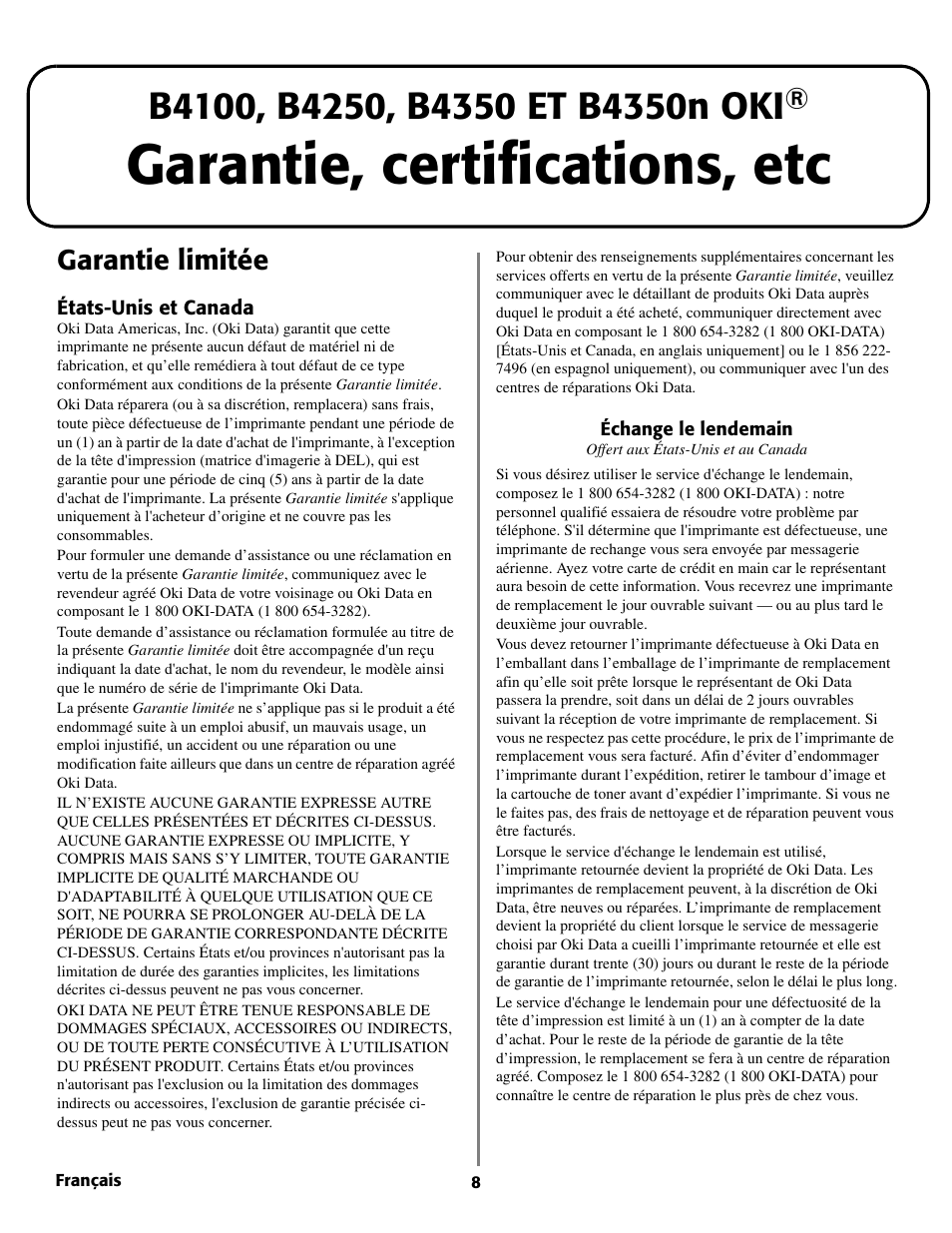 Garantie, certifications, etc, Garantie limitée | Oki B 4350 User Manual | Page 8 / 32