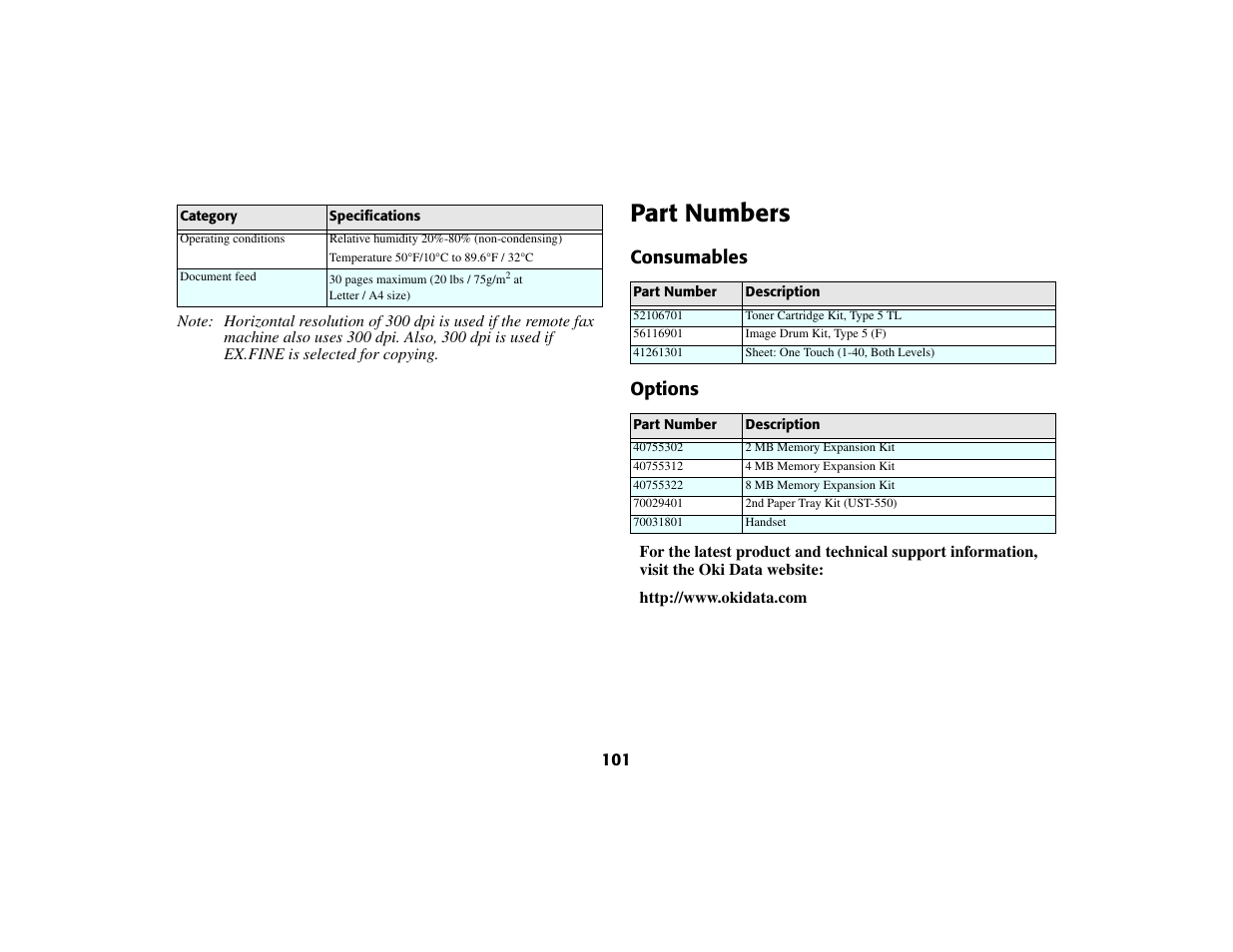 Part numbers, Consumables options | Oki 56801 User Manual | Page 107 / 124
