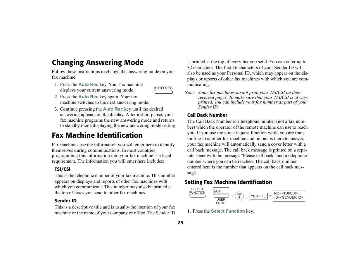 Changing answering mode, Fax machine identification | Oki 56801 User Manual | Page 31 / 124