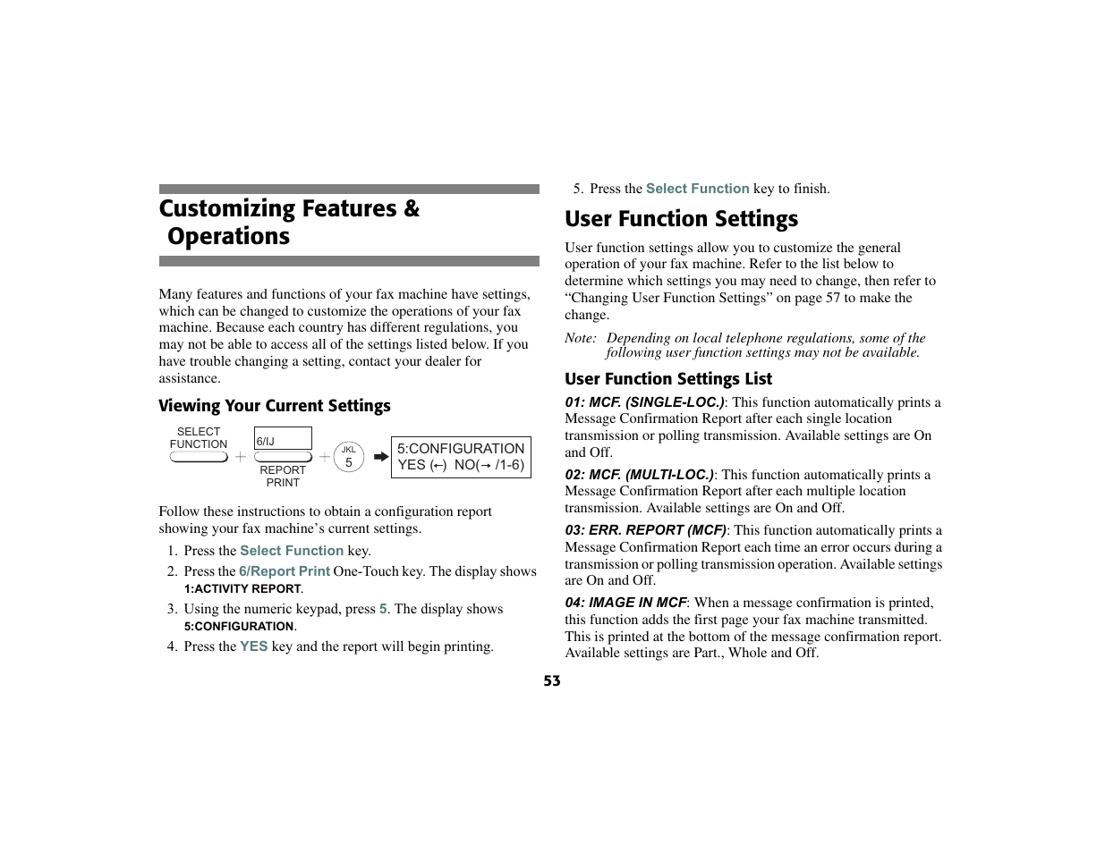 Customizing features & operations, User function settings | Oki 56801 User Manual | Page 59 / 124