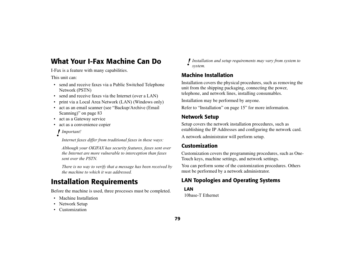 What your i-fax machine can do, Installation requirements | Oki 56801 User Manual | Page 85 / 124