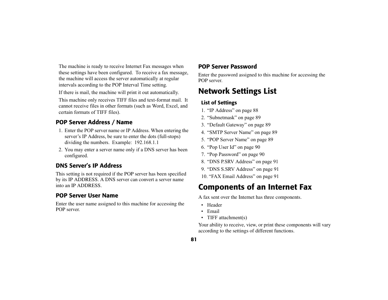 Network settings list, Components of an internet fax | Oki 56801 User Manual | Page 87 / 124