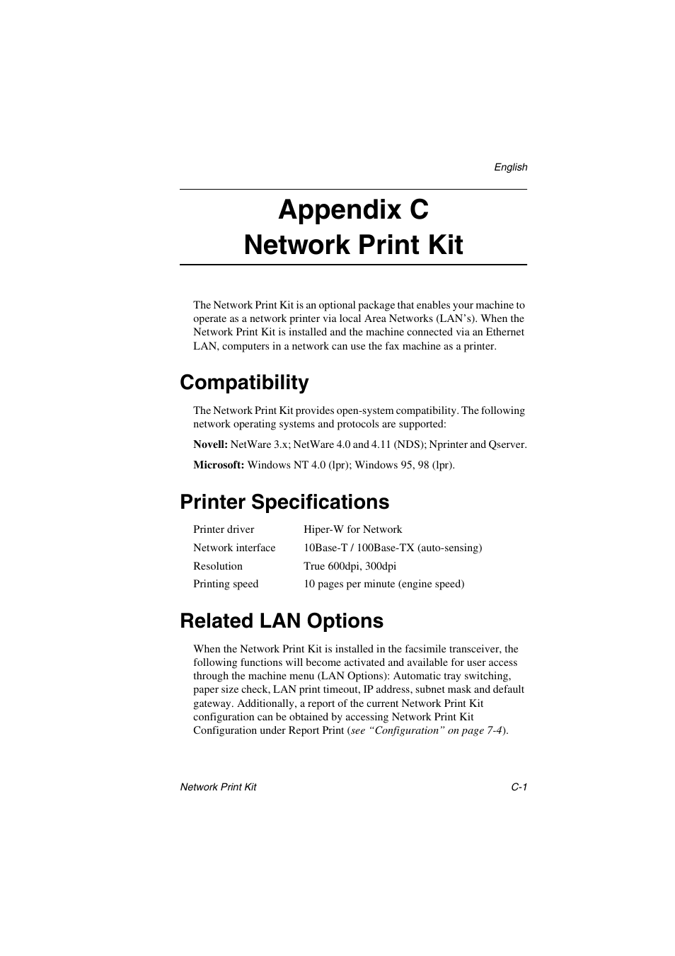 Compatibility, Printer specifications, Related lan options | Appendix c, Network print kit, Ee appendix c, Appendix c network print kit | Oki 5700 User Manual | Page 121 / 134