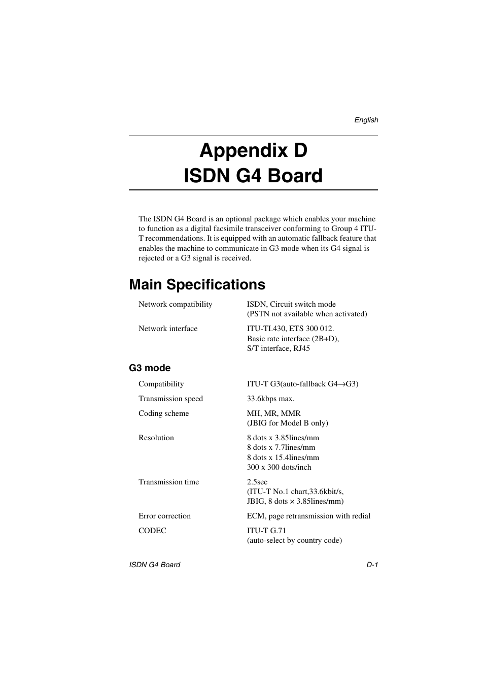 Main specifications, G3 mode, Appendix d | Isdn g4 board, Ee appendix d.), Appendix d isdn g4 board | Oki 5700 User Manual | Page 123 / 134