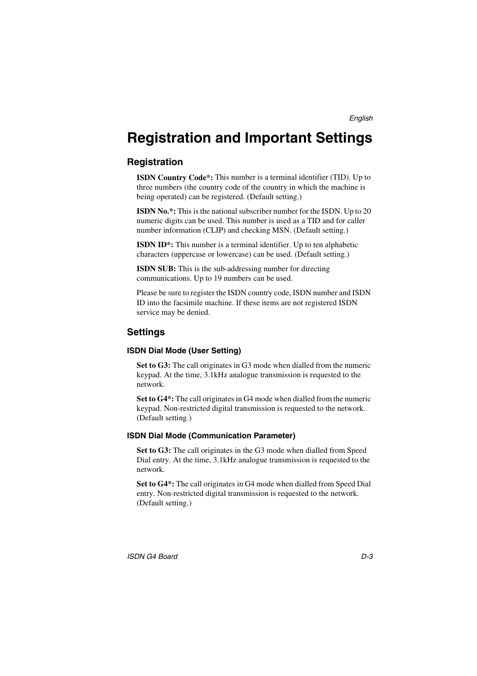 Registration and important settings, Registration, Settings | Isdn dial mode (user setting), Isdn dial mode (communication parameter) | Oki 5700 User Manual | Page 125 / 134