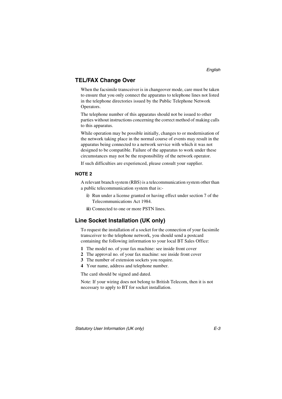 Tel/fax change over, Note 2, Line socket installation (uk only) | Oki 5700 User Manual | Page 131 / 134
