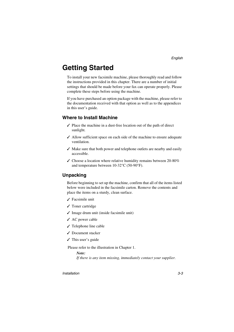 Getting started, Where to install machine, Unpacking | Oki 5700 User Manual | Page 31 / 134