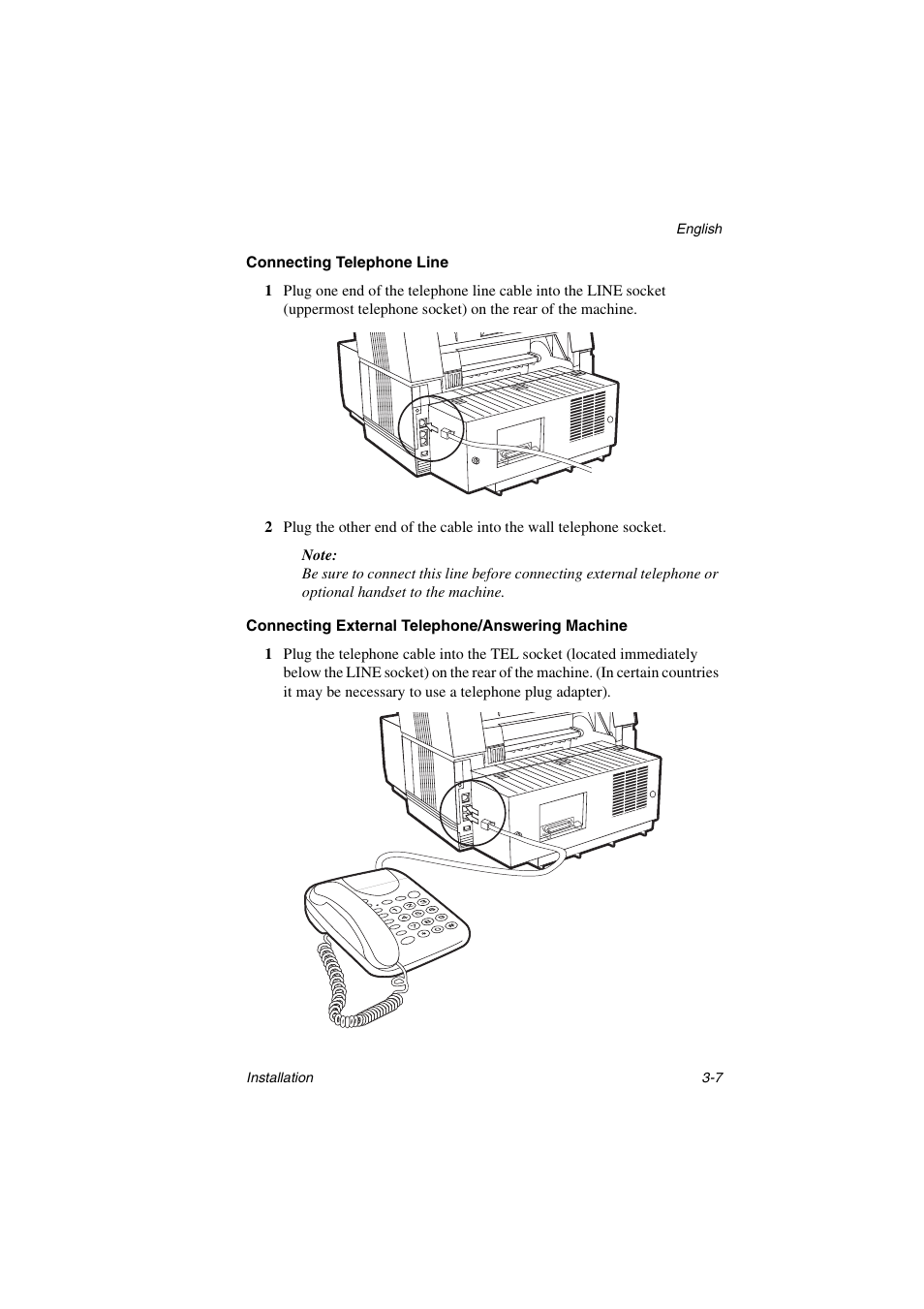 Connecting telephone line, Connecting external telephone/answering machine, Connecting external telephone | Answering machine | Oki 5700 User Manual | Page 35 / 134