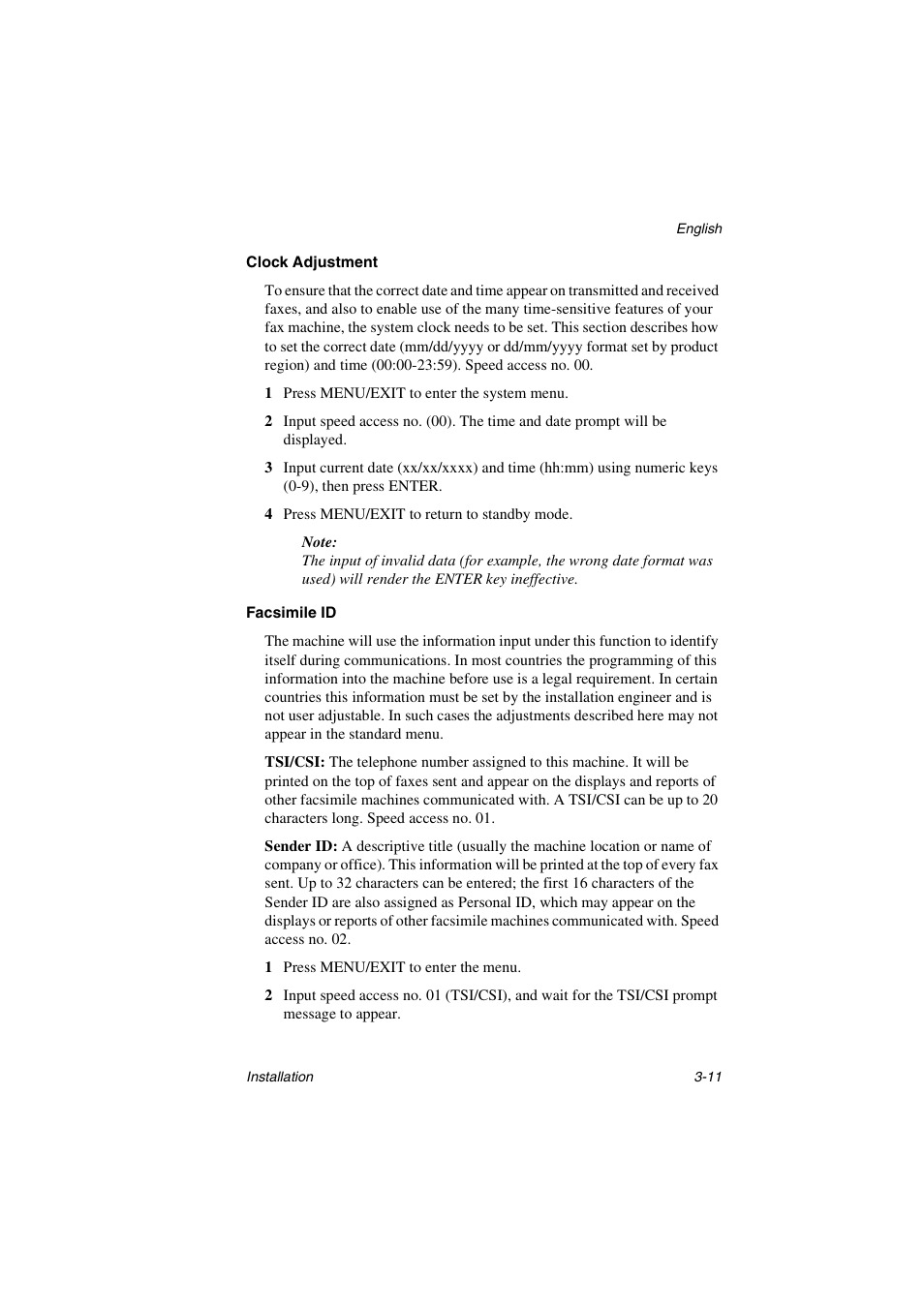 Clock adjustment, Facsimile id | Oki 5700 User Manual | Page 39 / 134