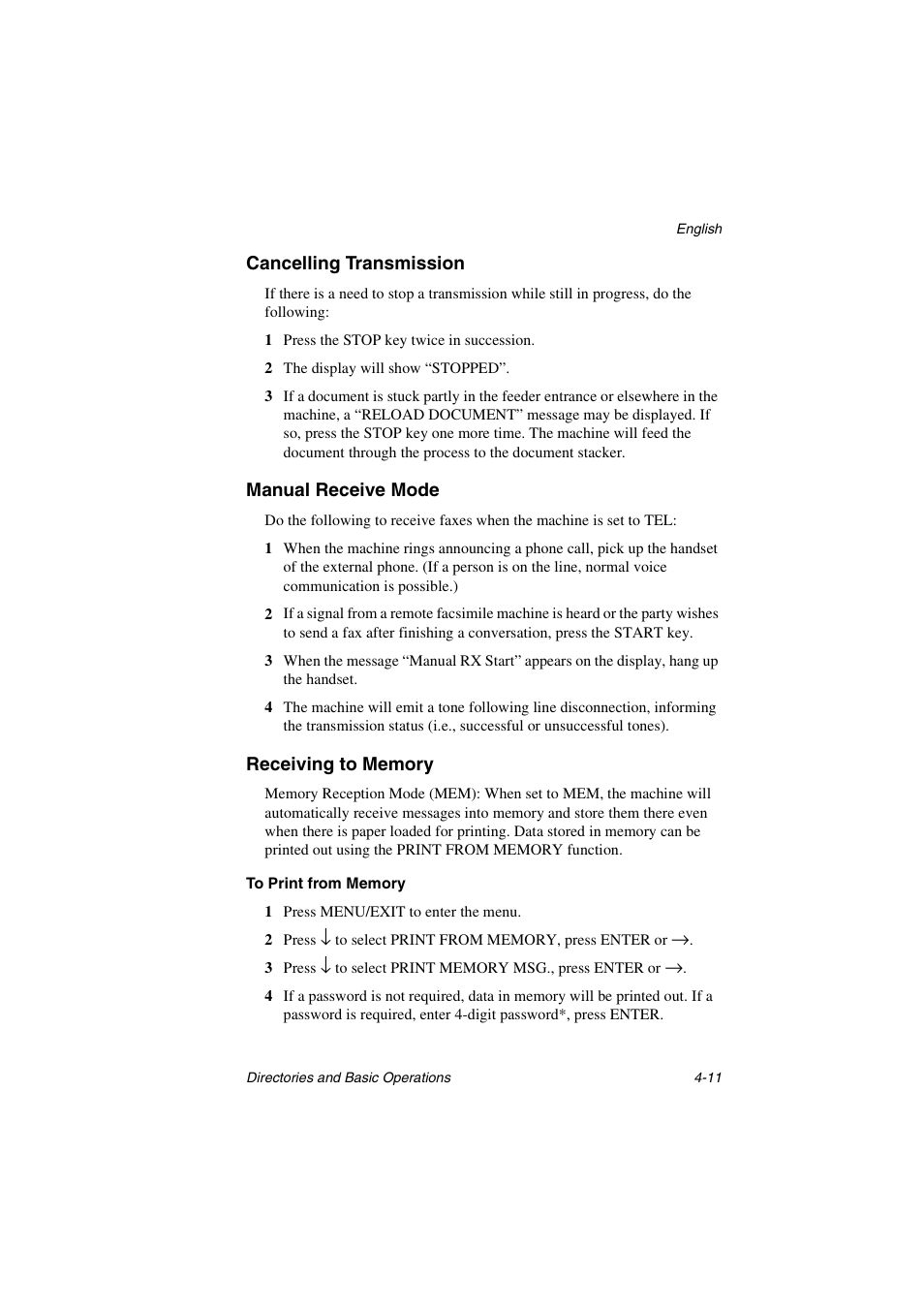 Cancelling transmission, Manual receive mode, Receiving to memory | To print from memory | Oki 5700 User Manual | Page 59 / 134
