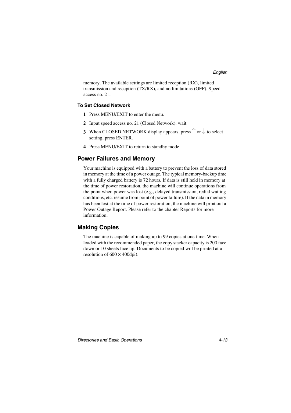 To set closed network, Power failures and memory, Making copies | Oki 5700 User Manual | Page 61 / 134