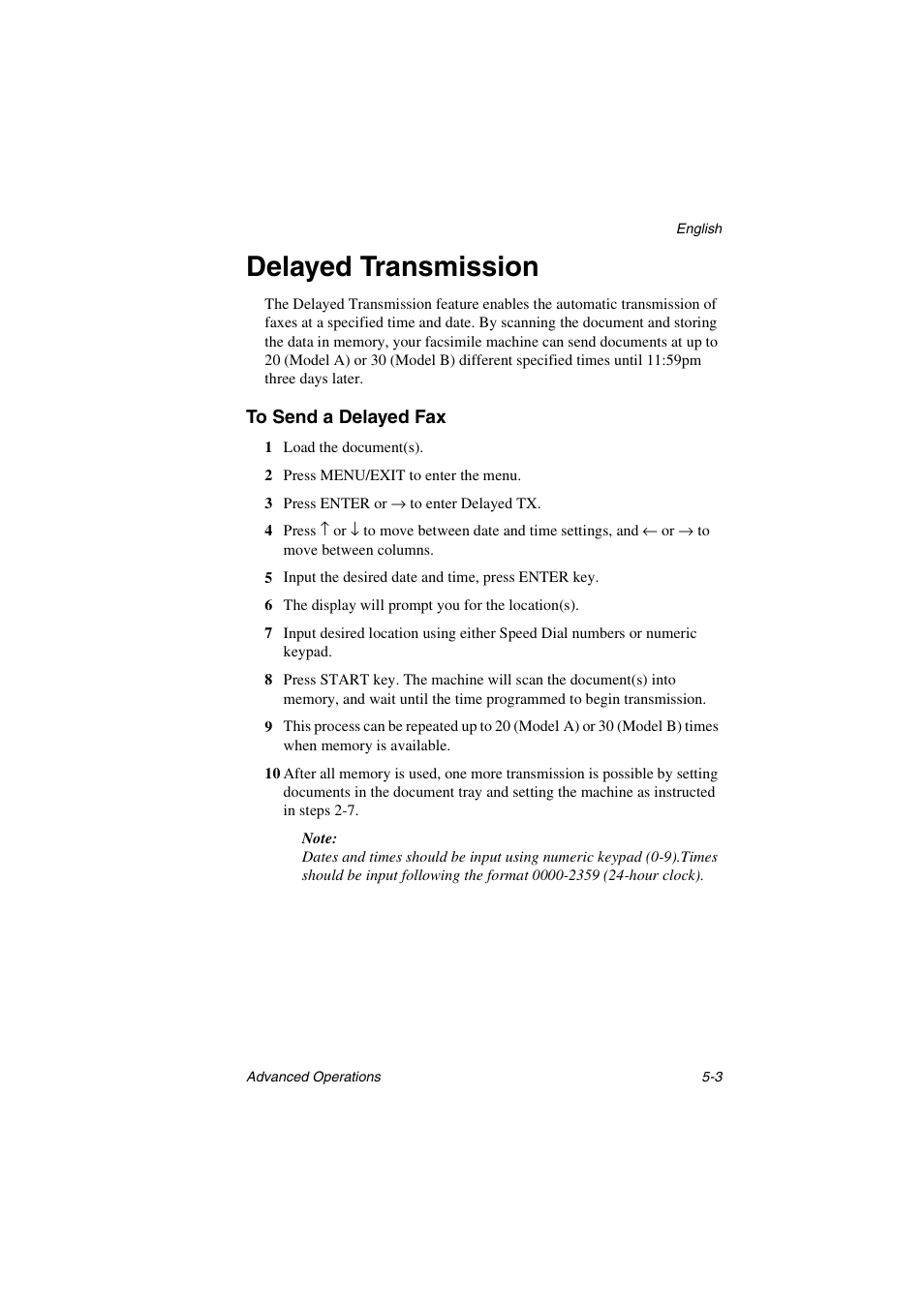 Delayed transmission, To send a delayed fax, Delayed transmission -3 | To send a delayed fax -3 | Oki 5700 User Manual | Page 67 / 134