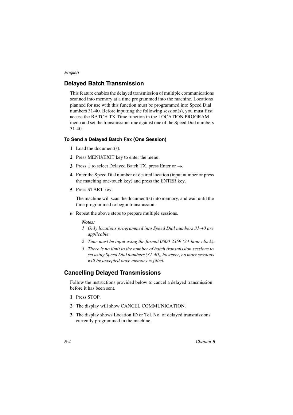 Delayed batch transmission, To send a delayed batch fax (one session), Cancelling delayed transmissions | Delayed batch transmission -4, To send a delayed batch fax (one session) -4, Cancelling delayed transmissions -4 | Oki 5700 User Manual | Page 68 / 134