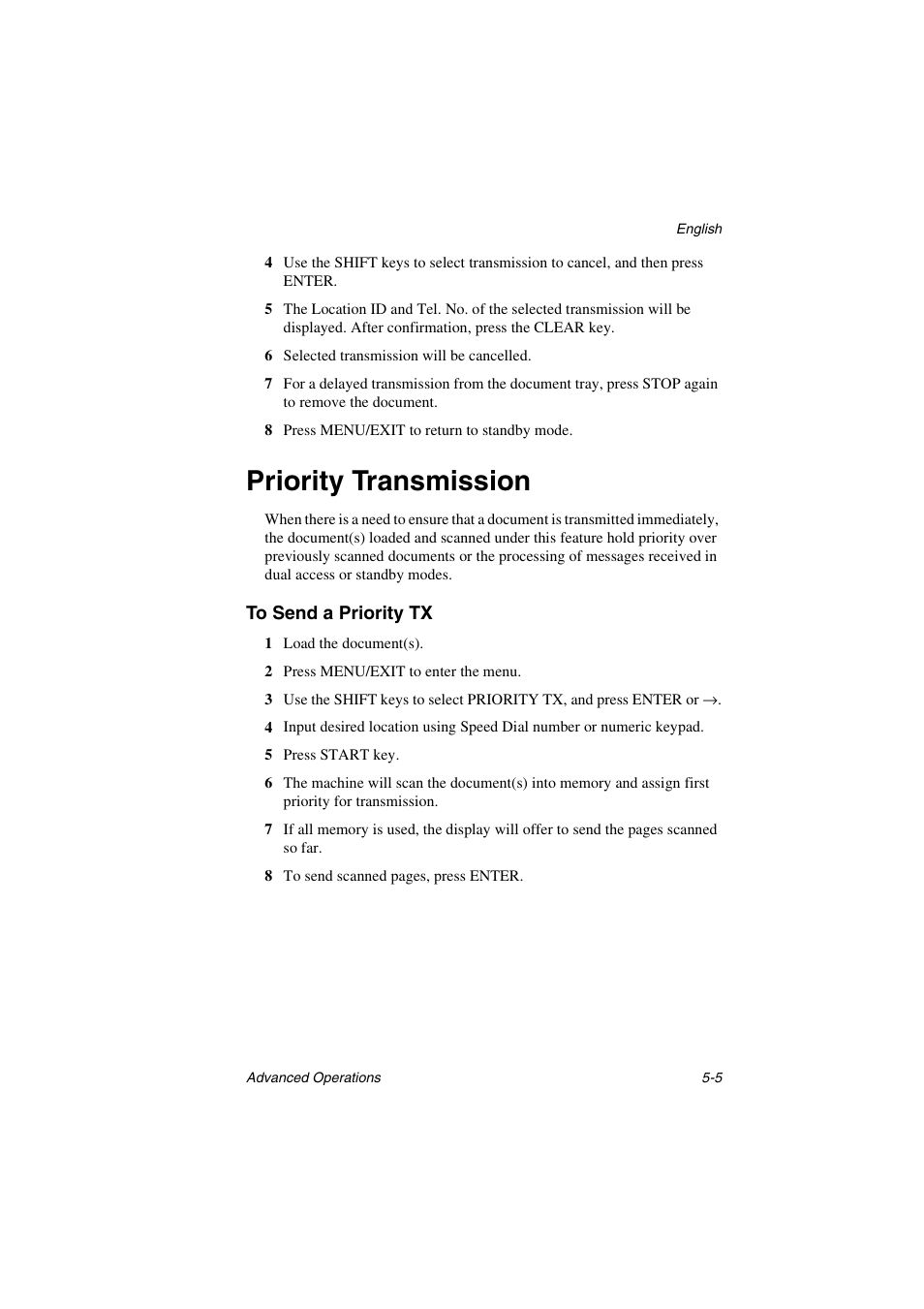 Priority transmission, To send a priority tx, Priority transmission -5 | To send a priority tx -5 | Oki 5700 User Manual | Page 69 / 134