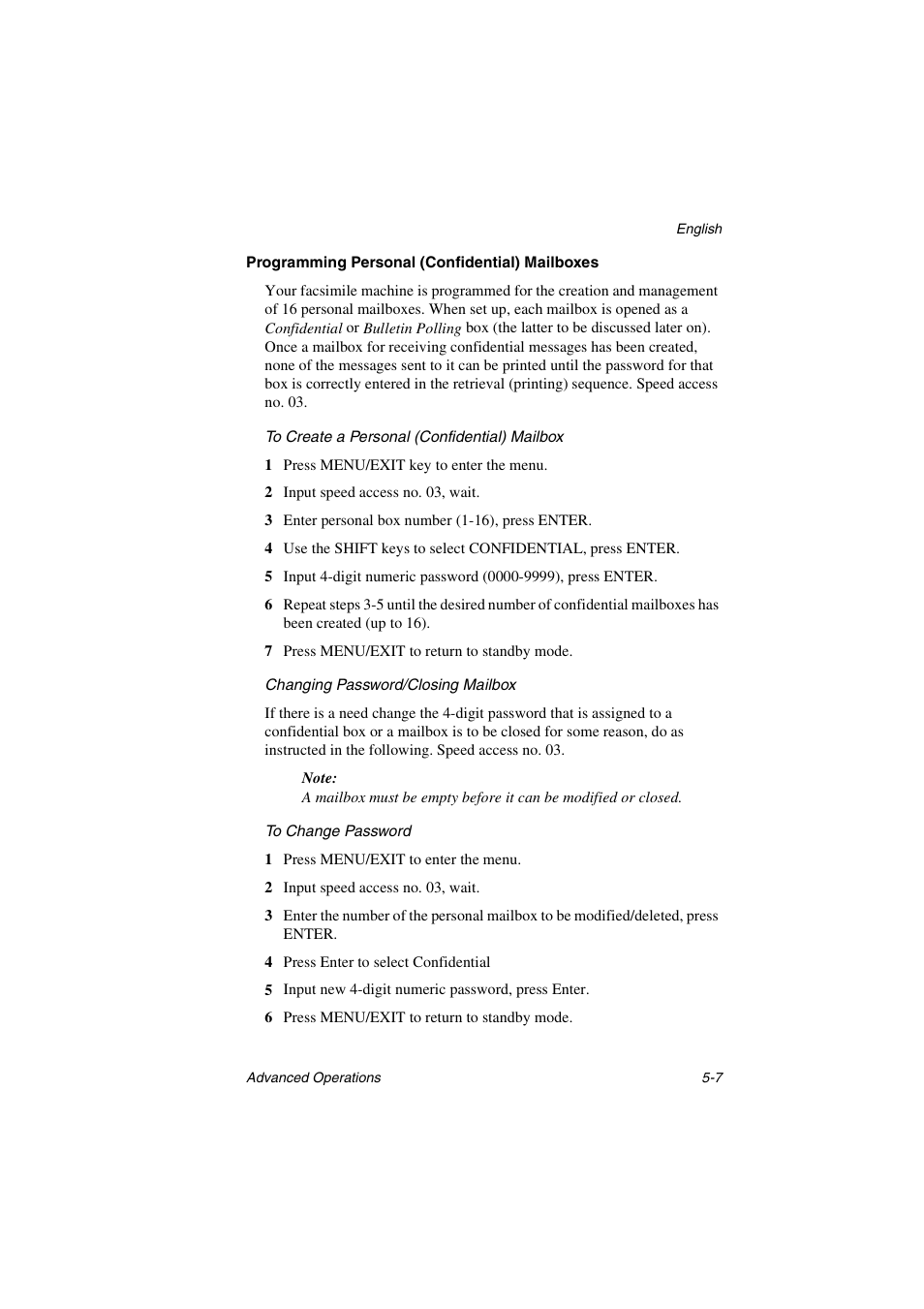 Programming personal (confidential) mailboxes, Programming personal (confidential) mailboxes 5-7 | Oki 5700 User Manual | Page 71 / 134