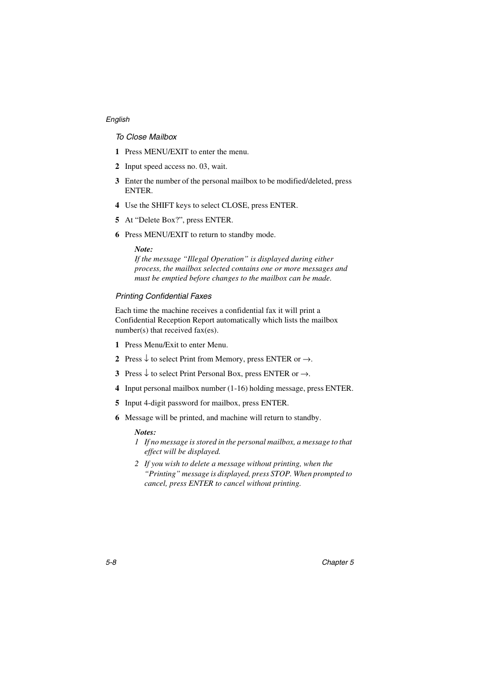 To close mailbox -8 printing confidential faxes -8 | Oki 5700 User Manual | Page 72 / 134