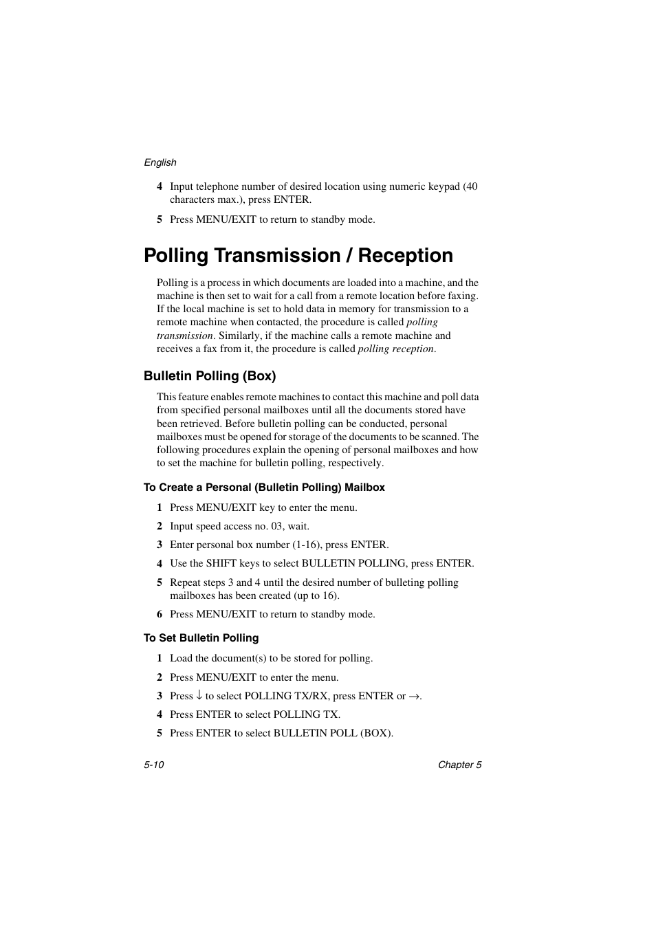 Polling transmission / reception, Bulletin polling (box), To create a personal (bulletin polling) mailbox | To set bulletin polling, Polling transmission / reception -10, Bulletin polling (box) -10, To set bulletin polling -10 | Oki 5700 User Manual | Page 74 / 134