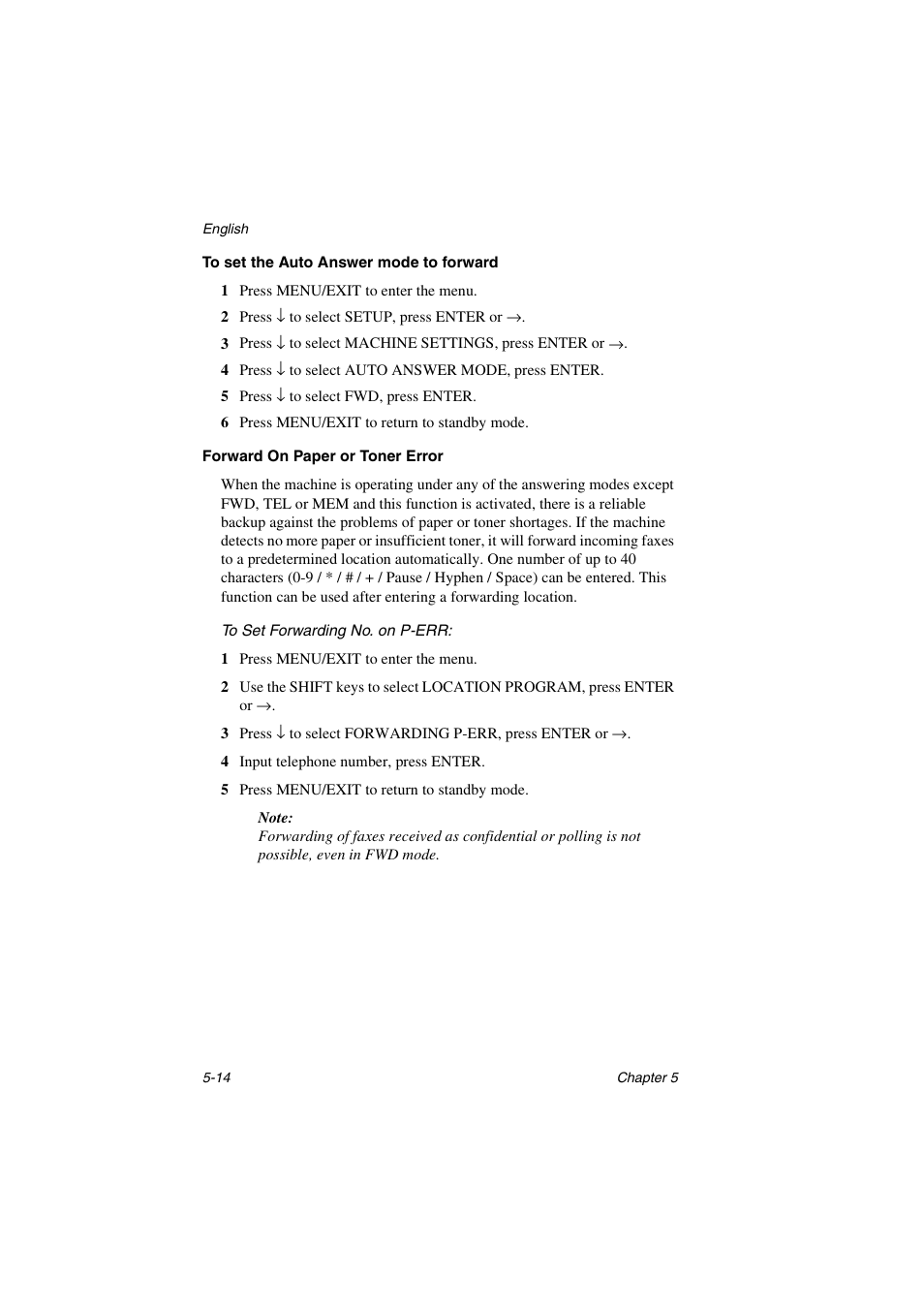 To set the auto answer mode to forward, Forward on paper or toner error, To set forwarding no. on p-err: -14 | Oki 5700 User Manual | Page 78 / 134