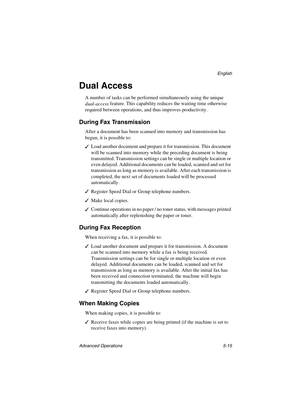 Dual access, During fax transmission, During fax reception | When making copies, Dual access -15 | Oki 5700 User Manual | Page 79 / 134