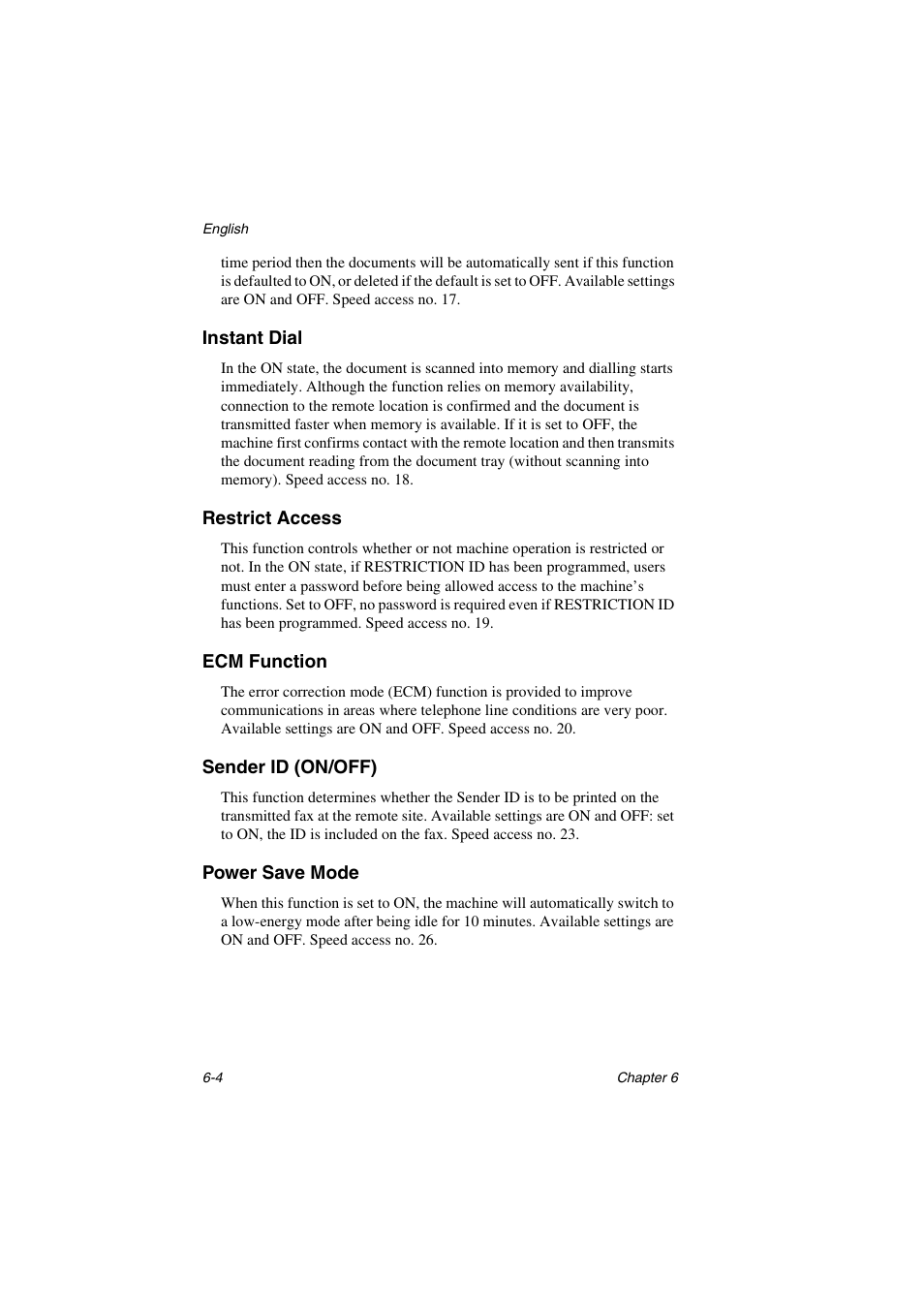 Instant dial, Restrict access, Ecm function | Sender id (on/off), Power save mode | Oki 5700 User Manual | Page 84 / 134