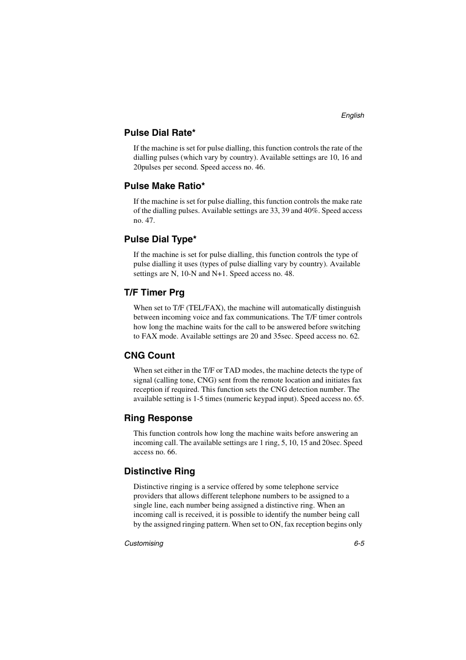Pulse dial rate, Pulse make ratio, Pulse dial type | T/f timer prg, Cng count, Ring response, Distinctive ring | Oki 5700 User Manual | Page 85 / 134