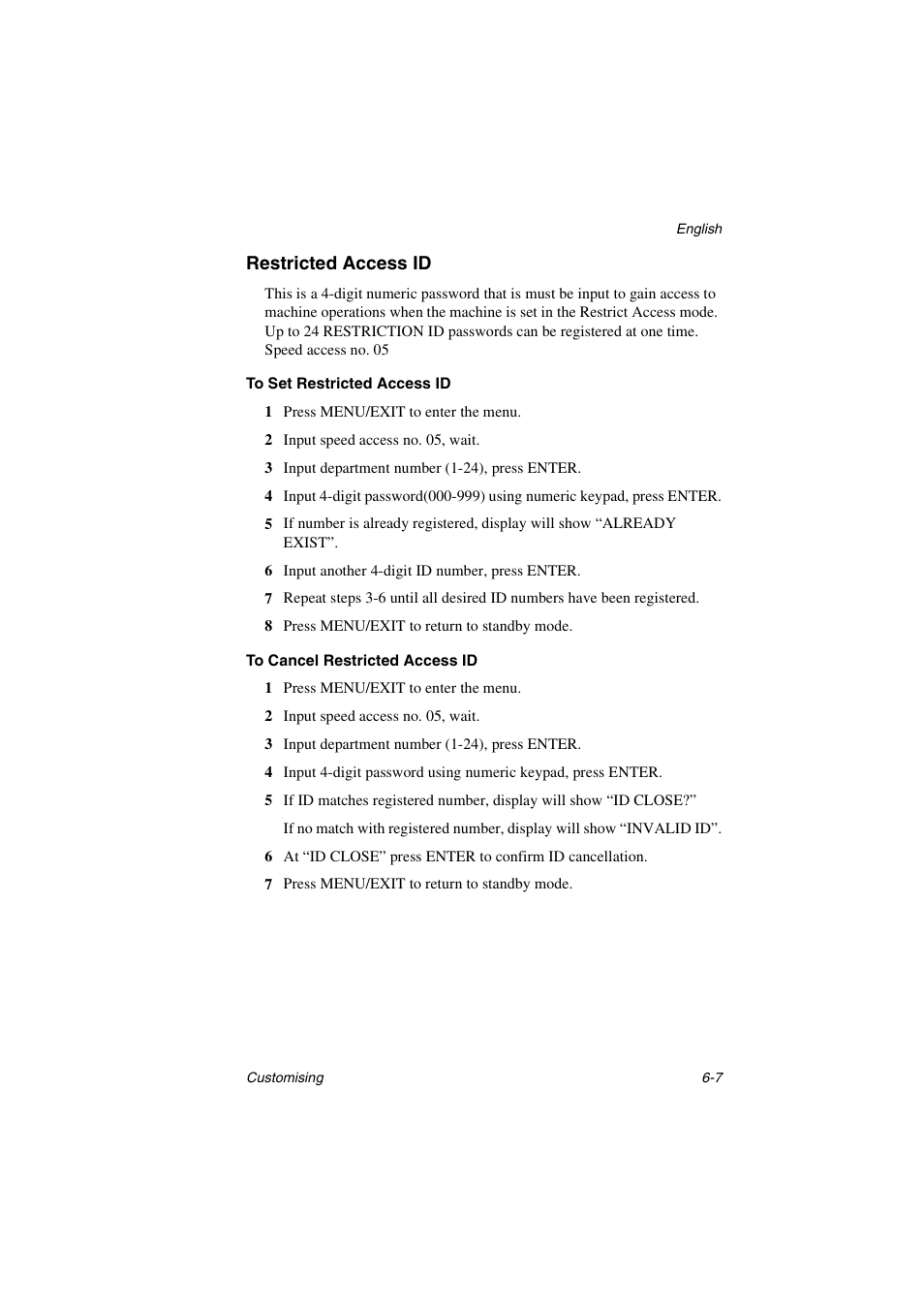Restricted access id, To set restricted access id, To cancel restricted access id | Restricted access id -7 | Oki 5700 User Manual | Page 87 / 134
