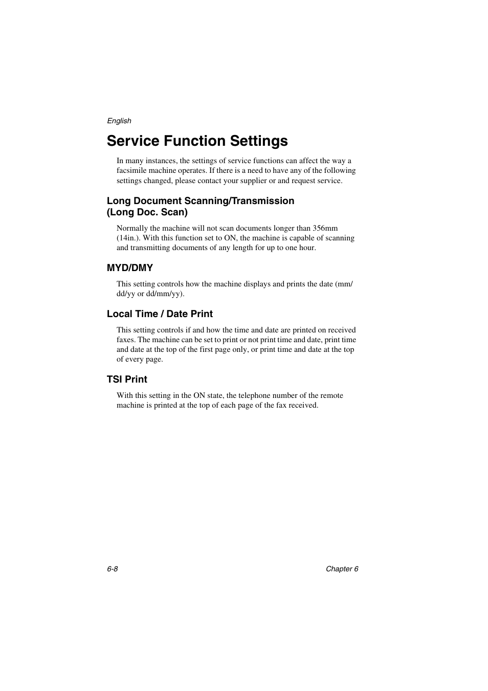 Service function settings, Myd/dmy, Local time / date print | Tsi print, Service function settings -8, Long document scanning/transmission, Long doc. scan) -8, Myd/dmy -8, Local time / date print -8 tsi print -8 | Oki 5700 User Manual | Page 88 / 134