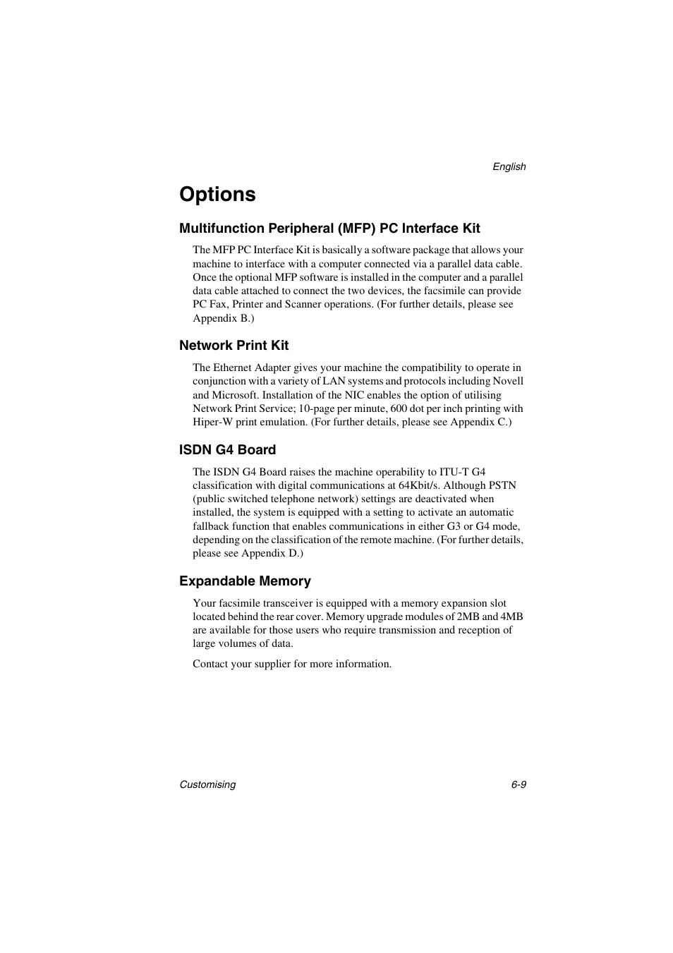 Options, Multifunction peripheral (mfp) pc interface kit, Network print kit | Isdn g4 board, Expandable memory, Options -9 | Oki 5700 User Manual | Page 89 / 134