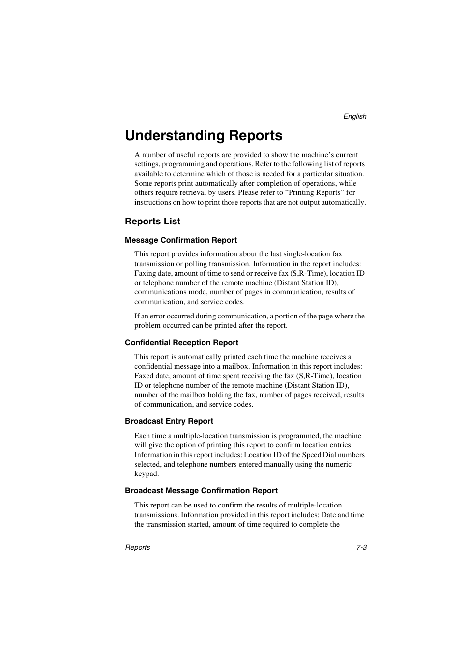 Understanding reports, Reports list, Message confirmation report | Confidential reception report, Broadcast entry report, Broadcast message confirmation report, Understanding reports -3, Reports list -3 | Oki 5700 User Manual | Page 93 / 134