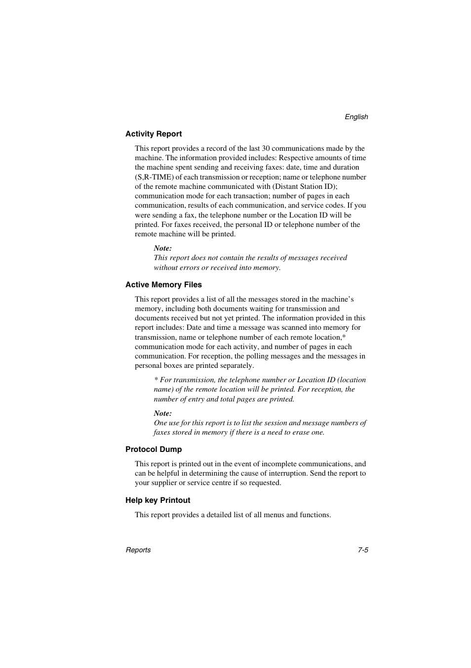 Activity report, Active memory files, Protocol dump | Help key printout | Oki 5700 User Manual | Page 95 / 134