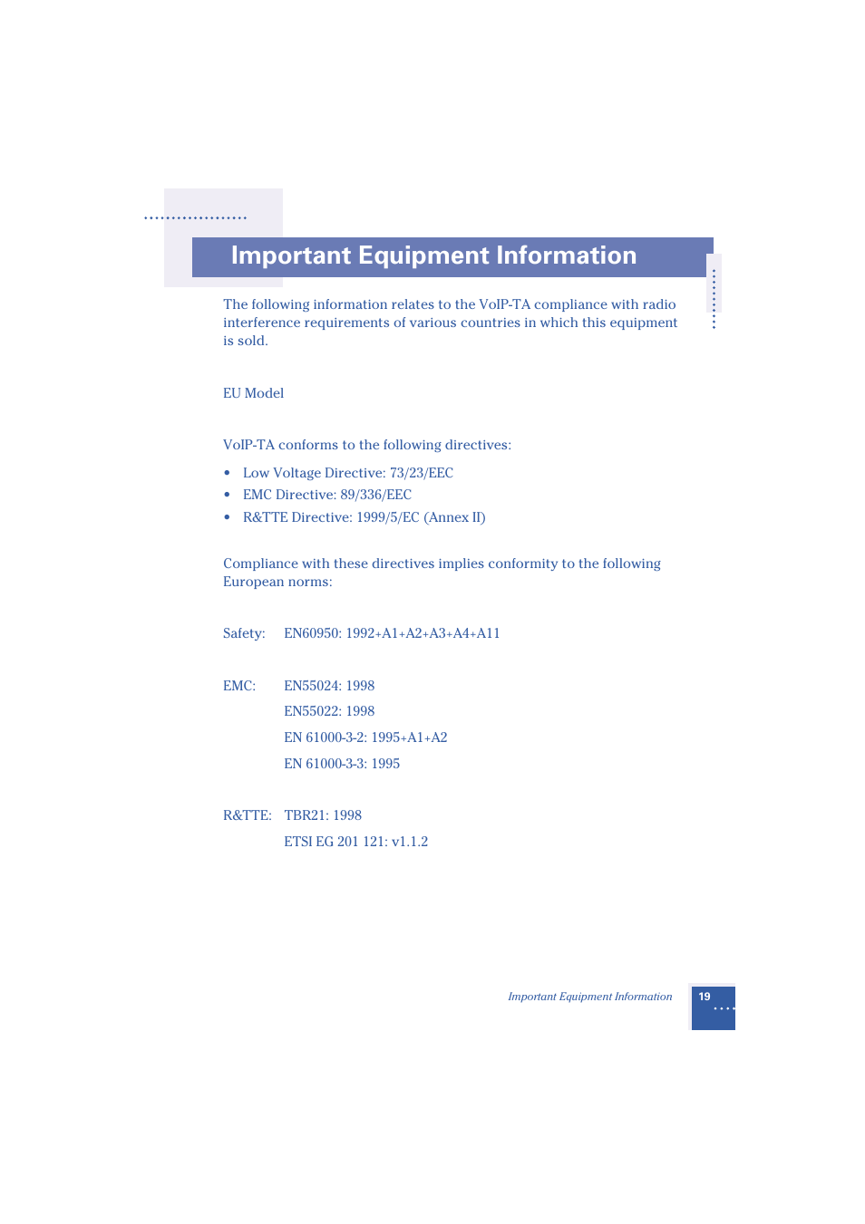 Important equipment information | Oki Telephony Adapter User Manual | Page 27 / 30