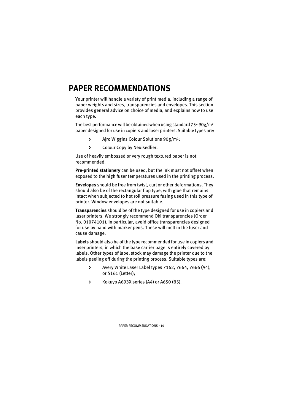 Paper recommendations | Oki C 5100n User Manual | Page 10 / 81