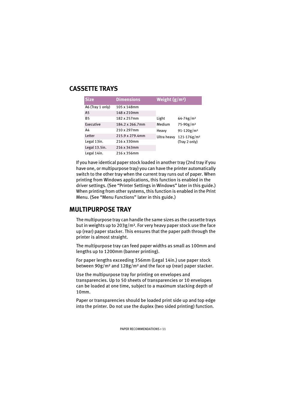 Cassette trays, Multipurpose tray, Cassette trays multipurpose tray | Oki C 5100n User Manual | Page 11 / 81