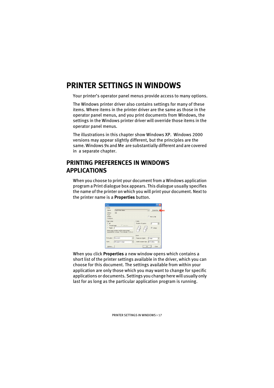 Printer settings in windows, Printing preferences in windows applications | Oki C 5100n User Manual | Page 17 / 81