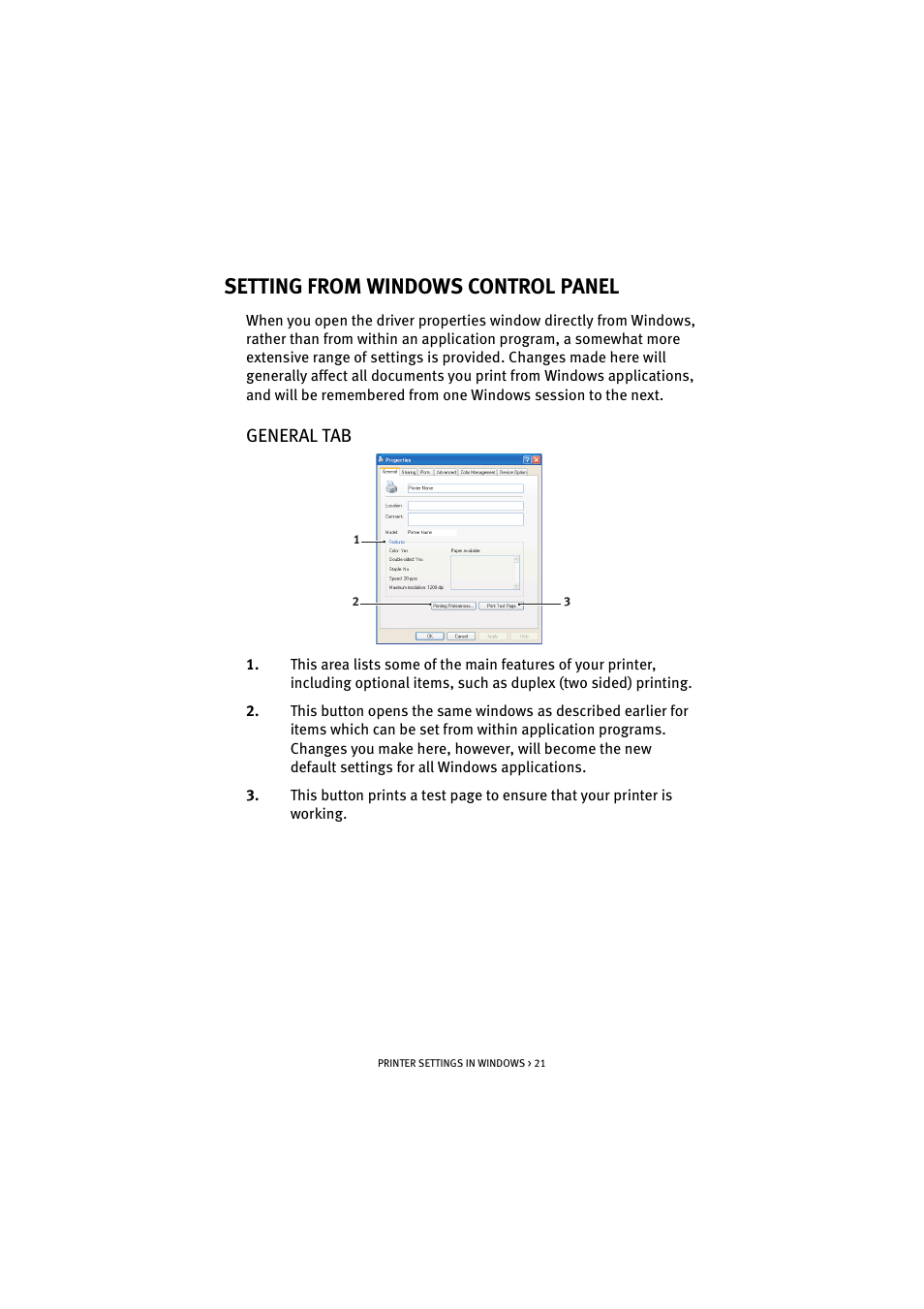 Setting from windows control panel, General tab | Oki C 5100n User Manual | Page 21 / 81