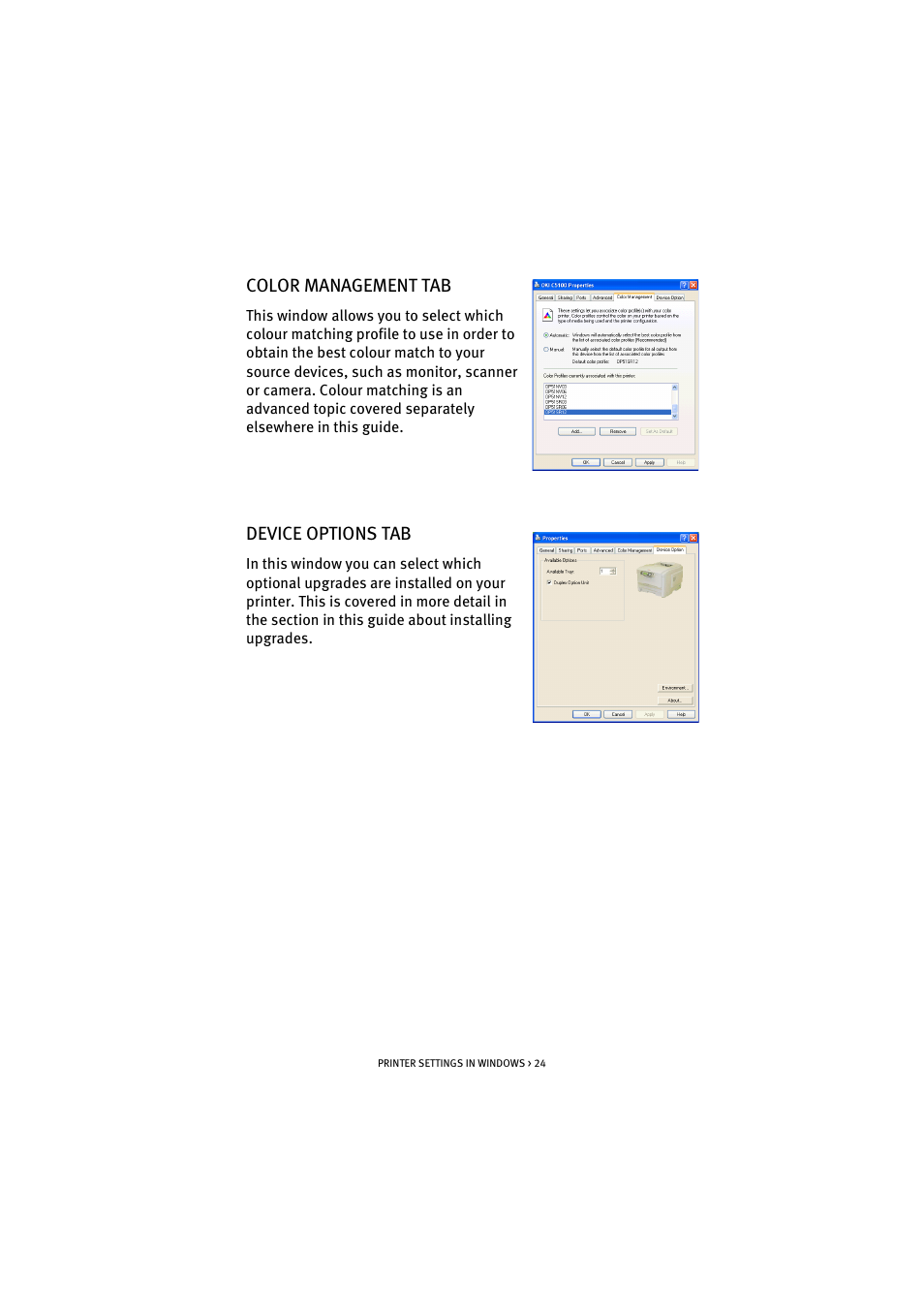 Color management tab, Device options tab, Color management tab device options tab | Oki C 5100n User Manual | Page 24 / 81
