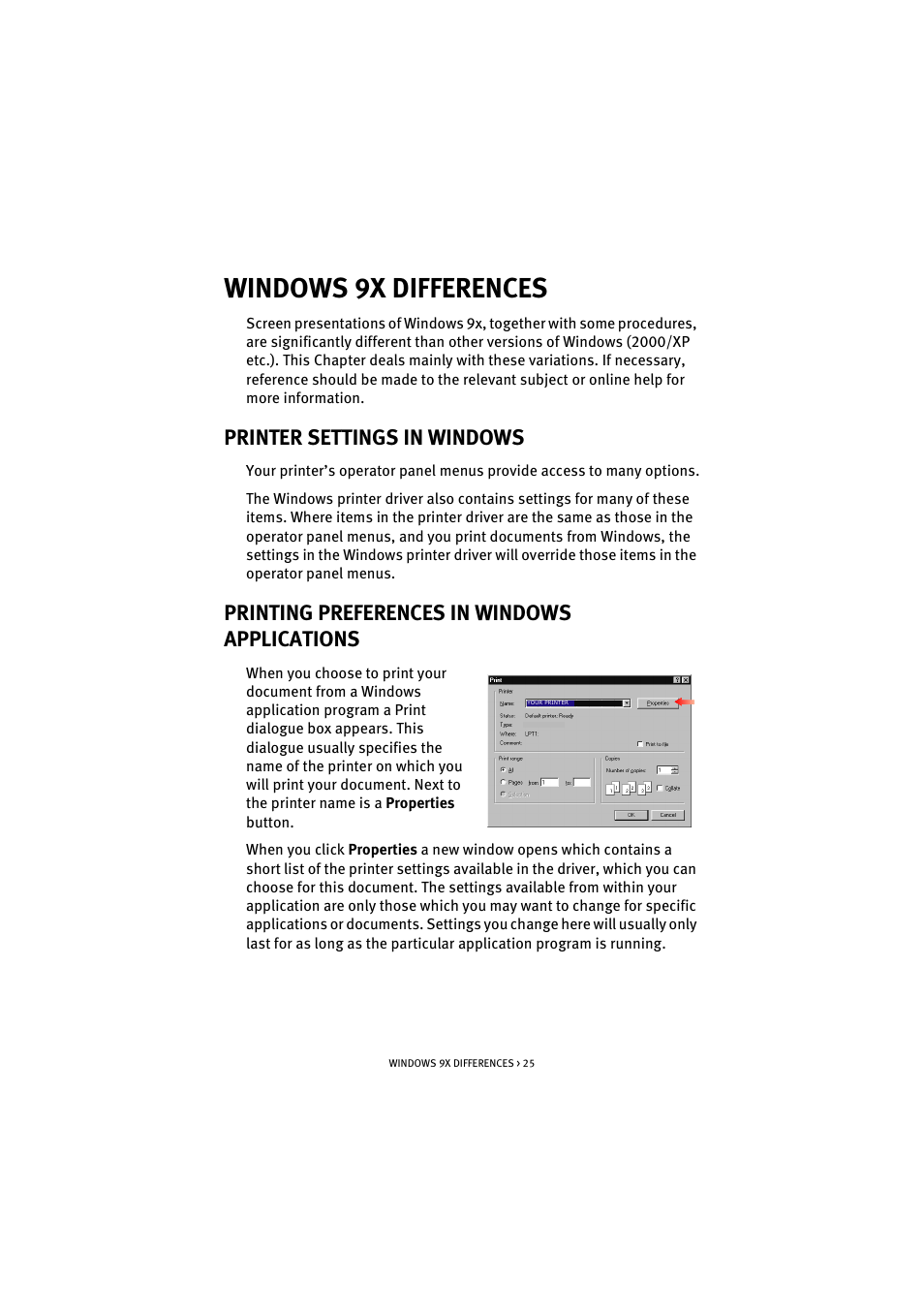 Windows 9x differences, Printer settings in windows, Printing preferences in windows applications | Oki C 5100n User Manual | Page 25 / 81