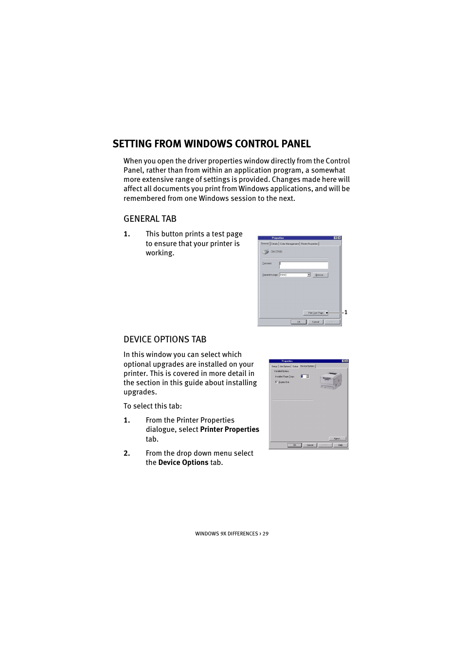 Setting from windows control panel, General tab, Device options tab | General tab device options tab | Oki C 5100n User Manual | Page 29 / 81