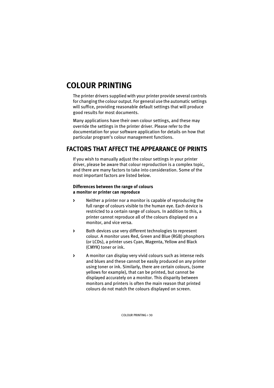 Colour printing, Factors that affect the appearance of prints | Oki C 5100n User Manual | Page 30 / 81