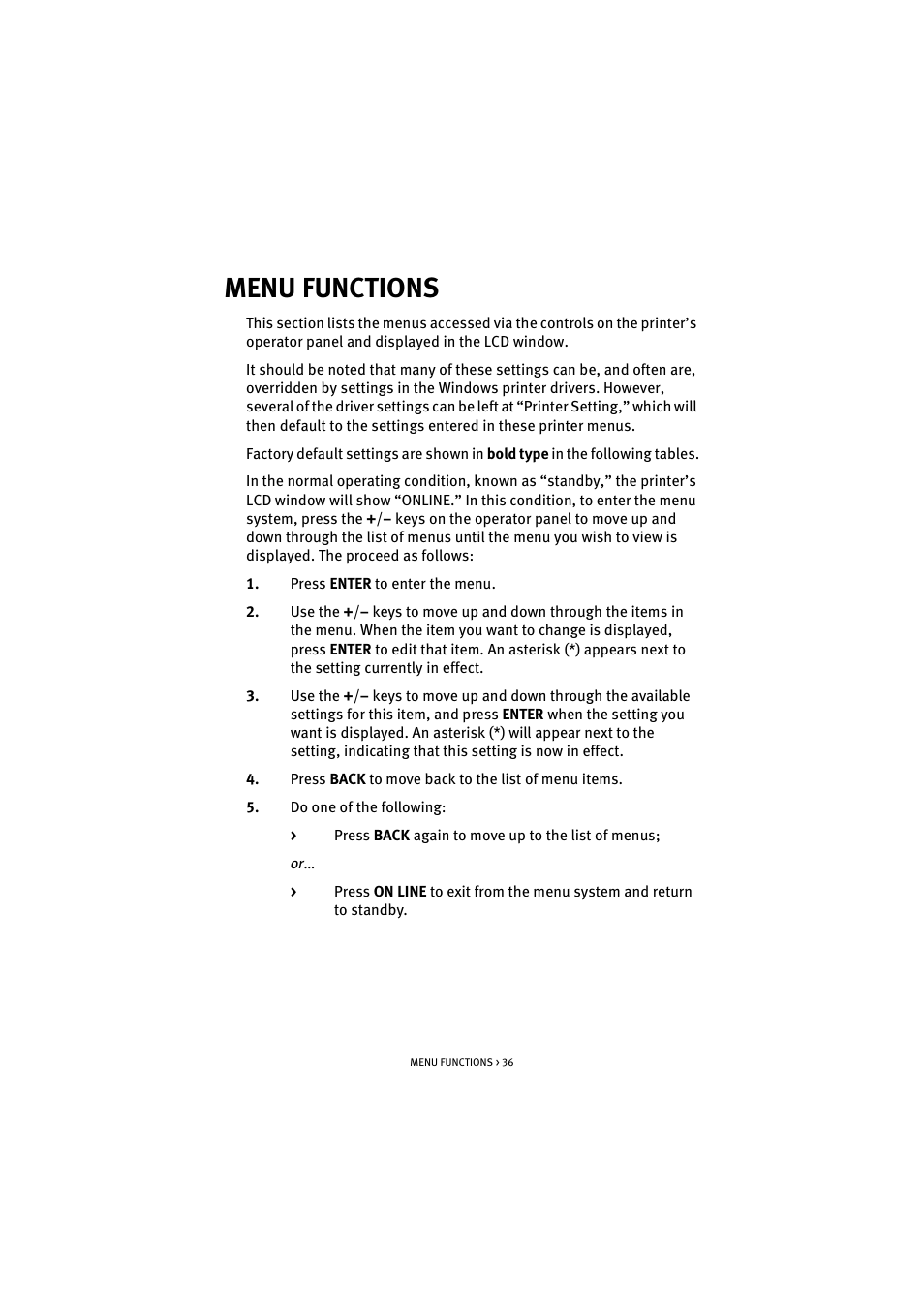 Menu functions | Oki C 5100n User Manual | Page 36 / 81