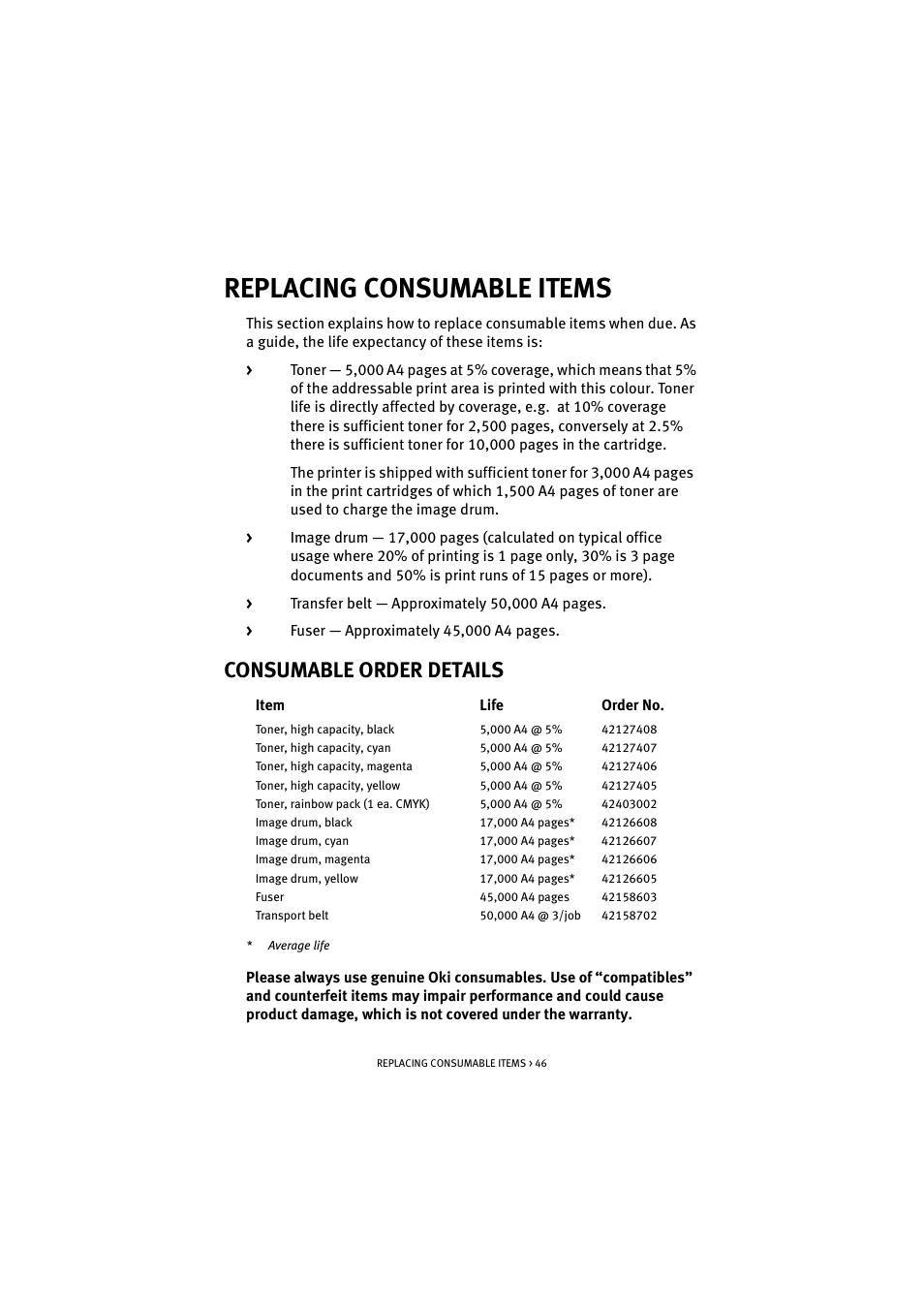 Replacing consumable items, Consumable order details | Oki C 5100n User Manual | Page 46 / 81